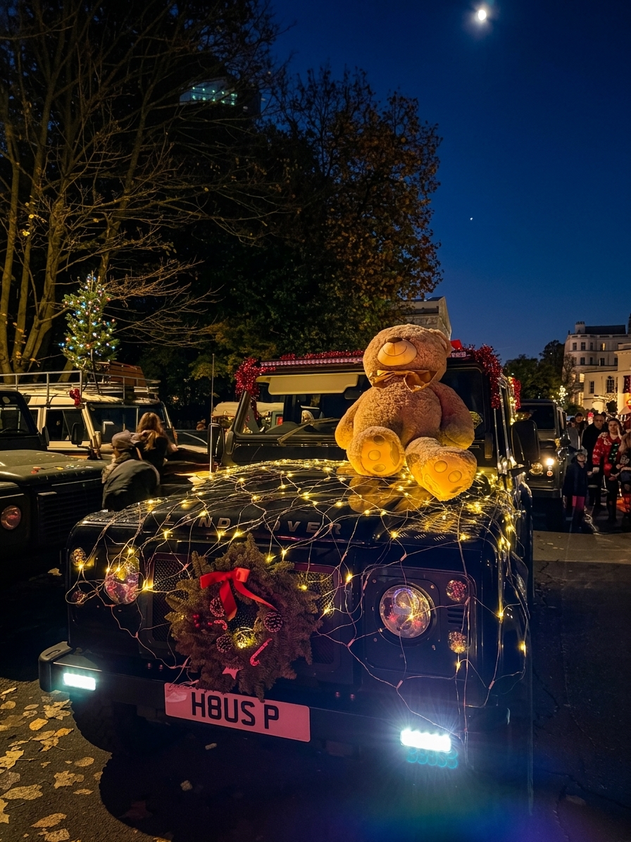 Land Rover Defender decorated with teddy bear and fairy lights at London Christmas Defender meet