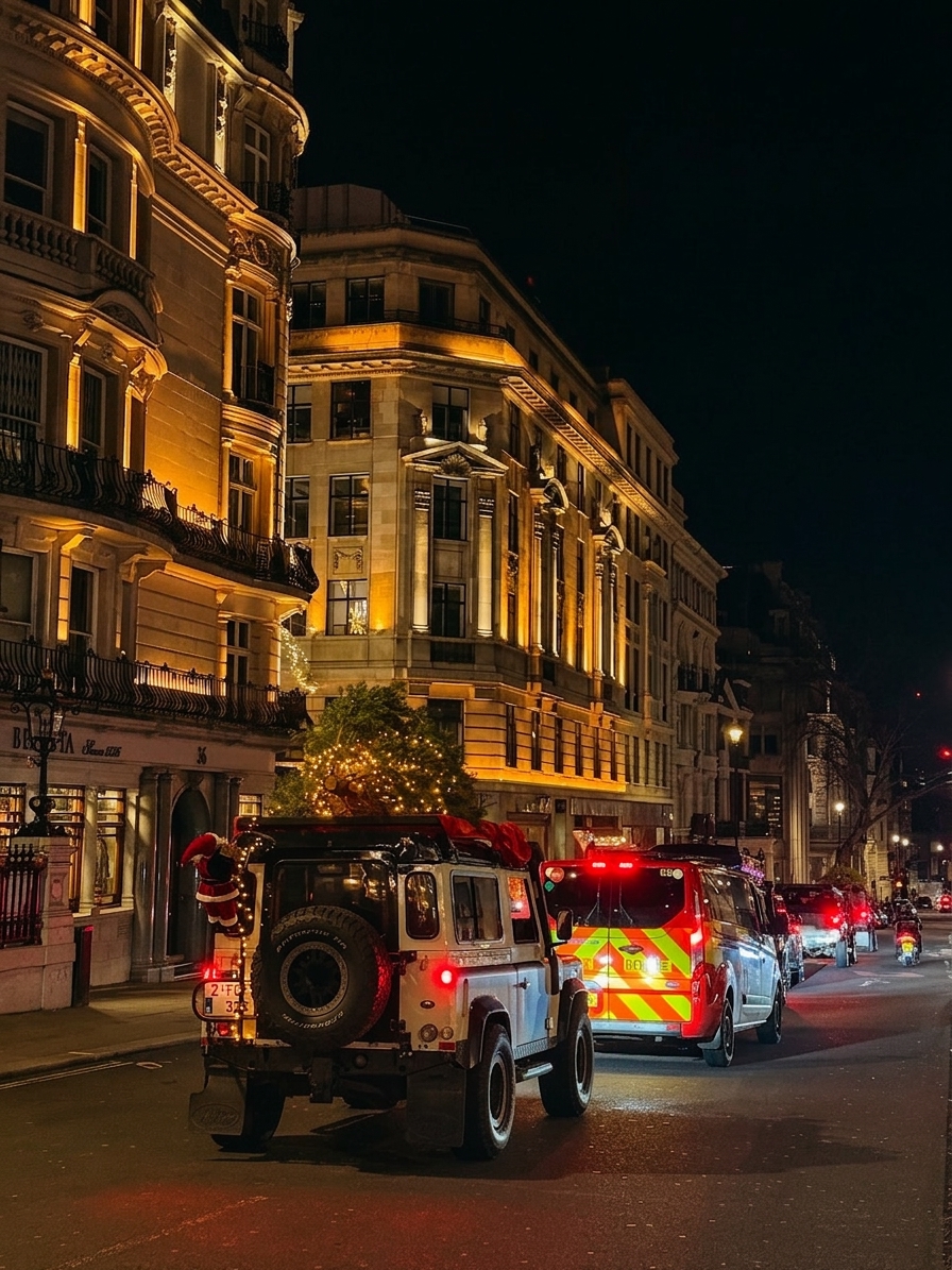 Land Rover Defender Christmas convoy driving through London streets at night with fairy lights