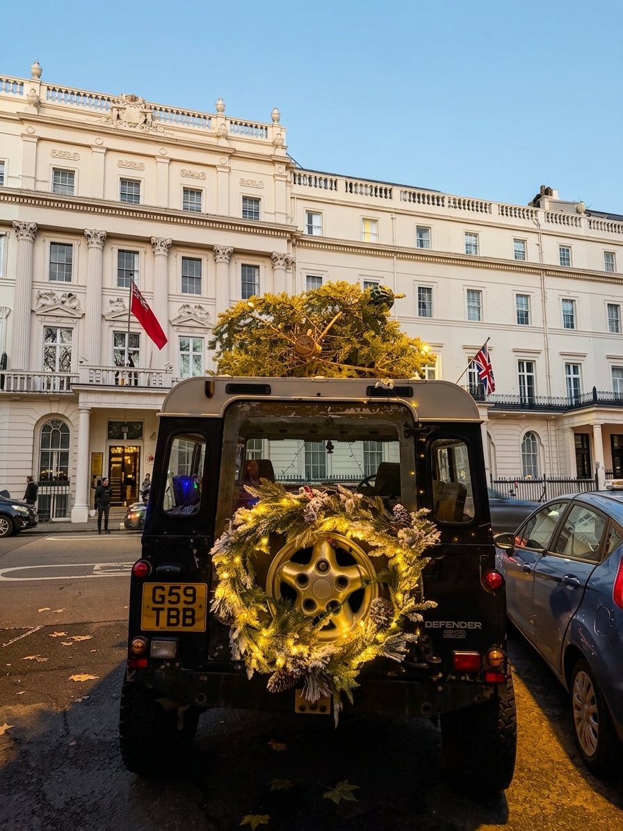 Black Land Rover Defender with Christmas wreath on spare tire at Belgrave Square London