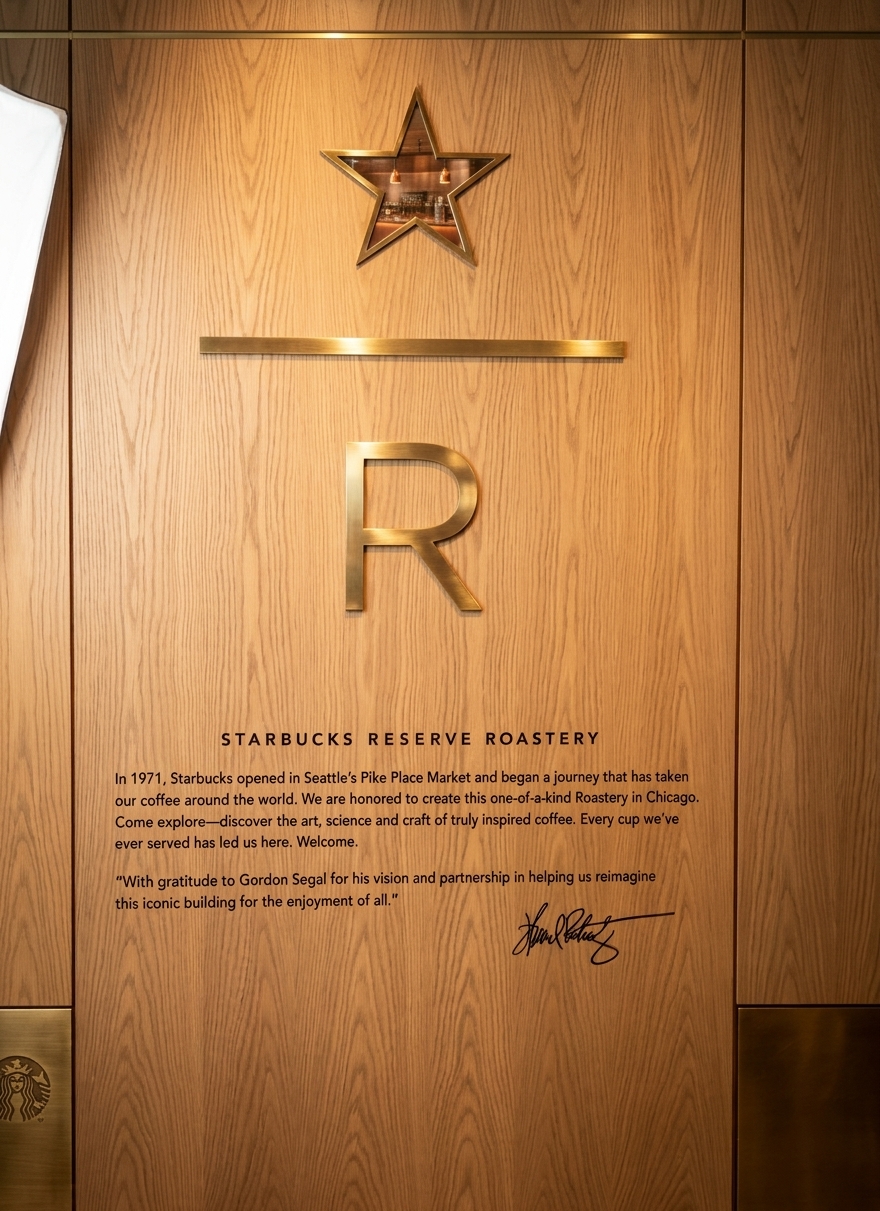 Starbucks Reserve Roastery Chicago entrance sign on Michigan Avenue